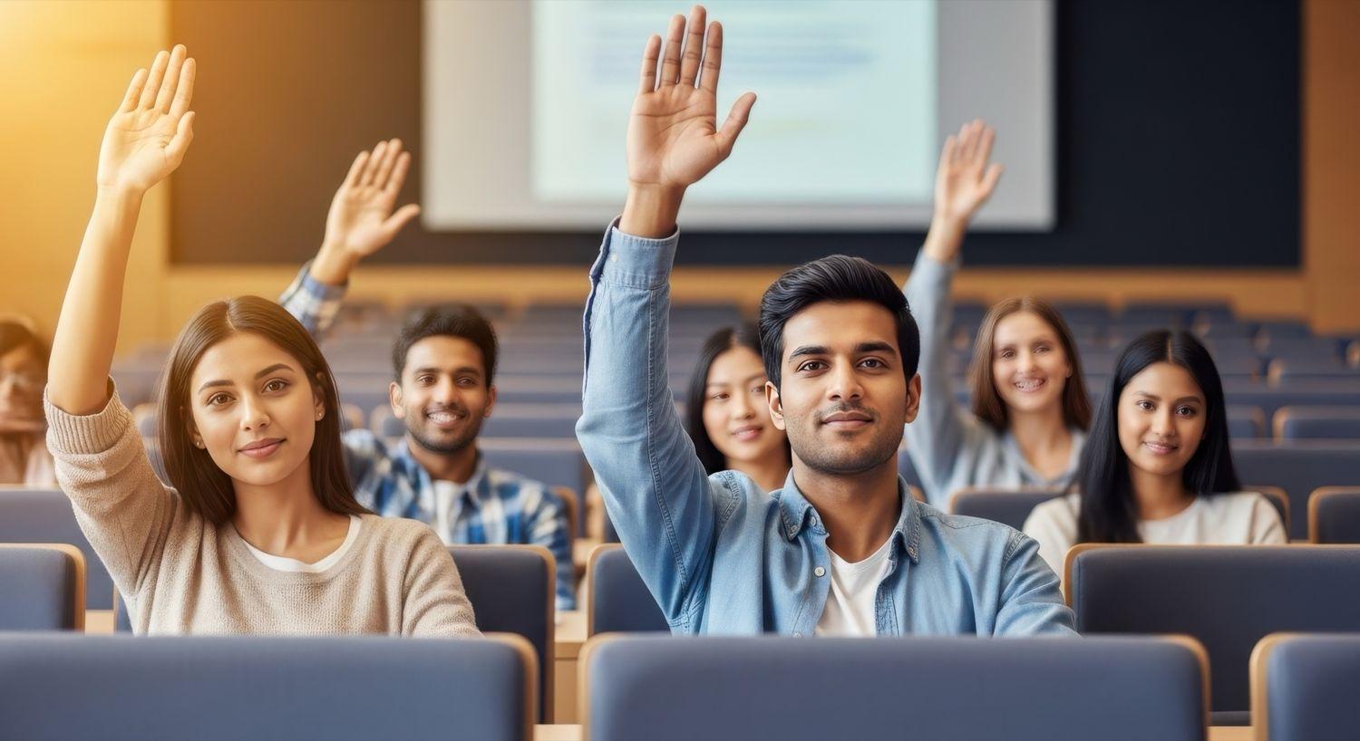 People taking part in a community discussion with hands raised