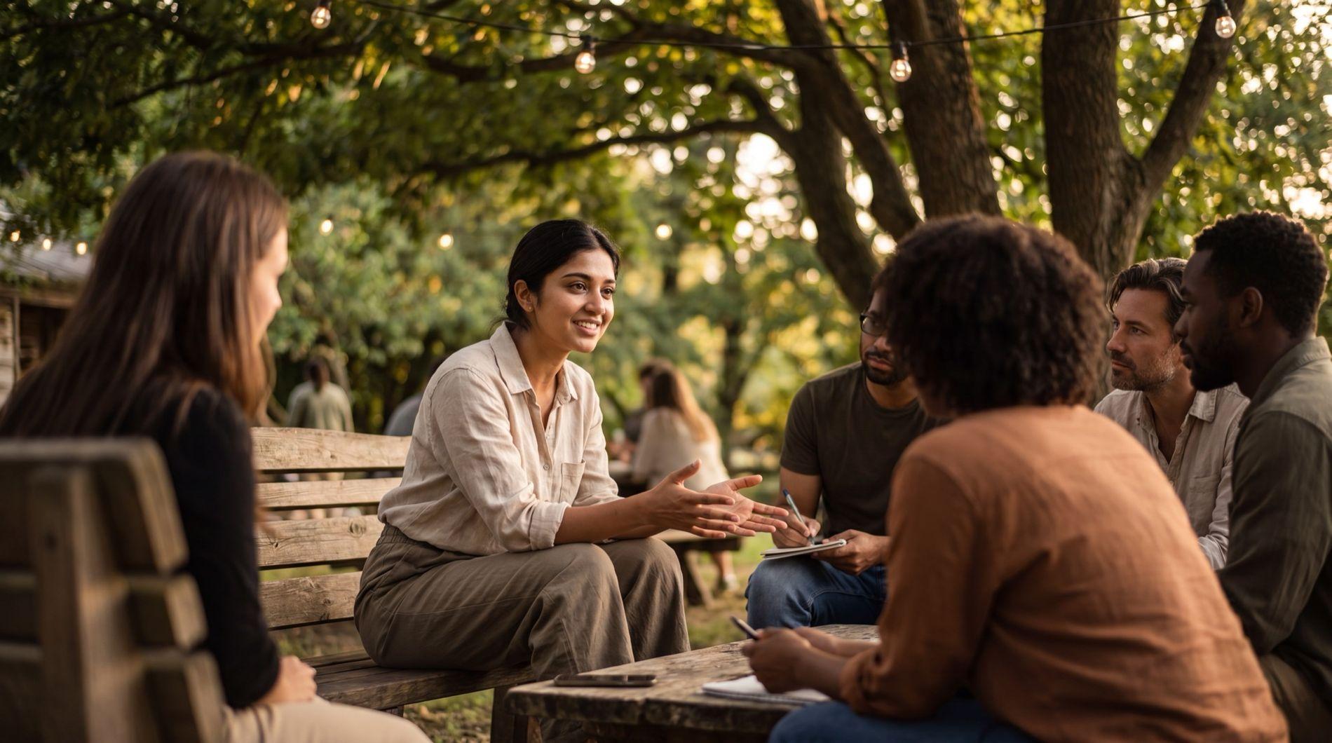 People in animated conversation outdoors in warm evening light