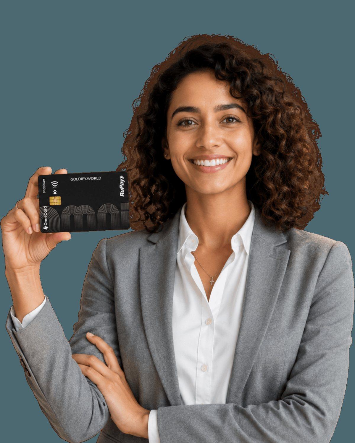A smiling co-owning member holding her COOWN card